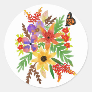 Rode Oranje Gele Aquarel Bloemen Vlinder  Ronde Sticker