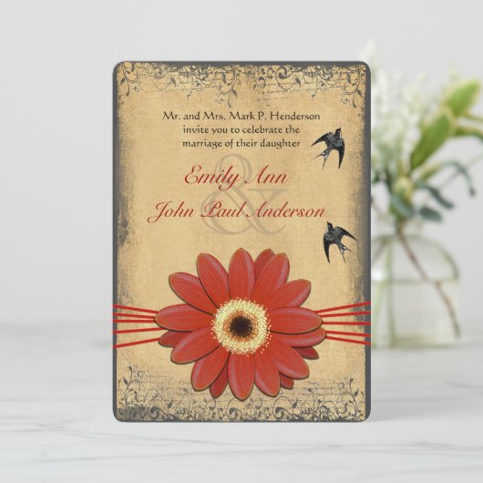 Rode Oranje Gerber Daisy Vogelbruiloft Kaart (Staand voorkant)