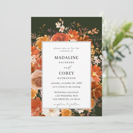 Rode & Oranje Herfst Bloembruiloft B - Groen Kaart (Staand voorkant)