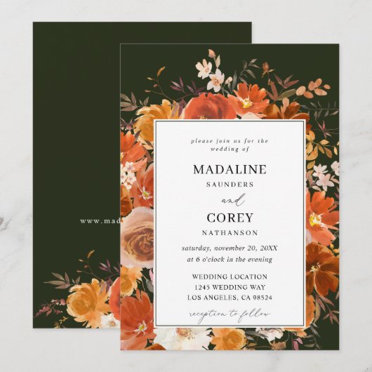 Rode & Oranje Herfst Bloembruiloft B - Groen Kaart (Voorkant / Achterkant)