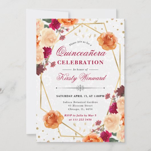 Rode & Oranje Herfst Bloemen Lijst Quinceanera Kaart (Voorkant)
