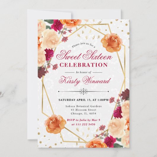 Rode & Oranje Herfst Bloemen Lijst Sweet 16 Kaart (Voorkant)