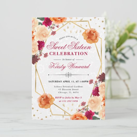 Rode & Oranje Herfst Bloemen Lijst Sweet 16 Kaart (Staand voorkant)