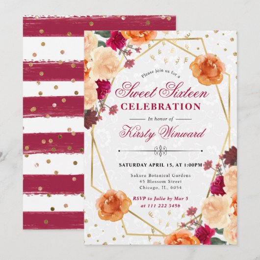 Rode & Oranje Herfst Bloemen Lijst Sweet 16 Kaart (Voorkant / Achterkant)
