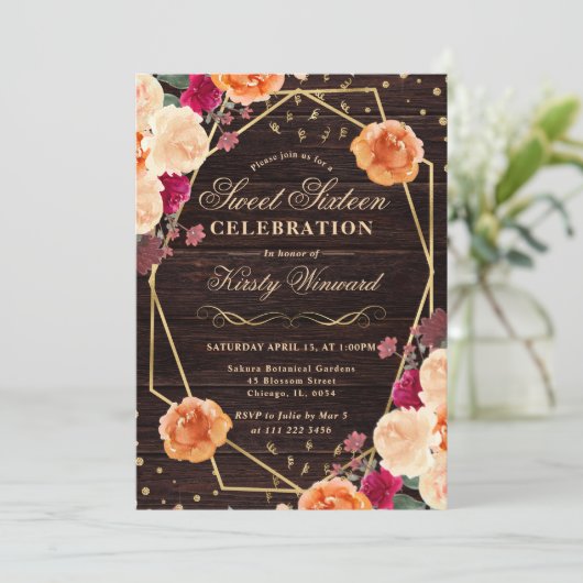 Rode & Oranje Herfst Bloemen Lijst Sweet 16 Kaart (Staand voorkant)