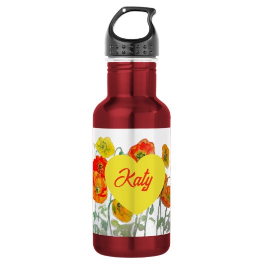 Rode oranje klaproos bloem waterverf klaprozen waterfles (Voorkant)
