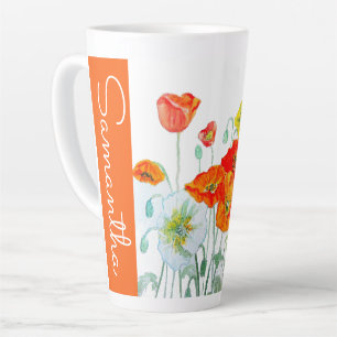 Rode oranje klaproos waterverfschilderij van een v latte mok