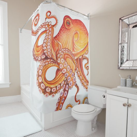Rode Oranje octopus Waterverf Douchegordijn (In situ)