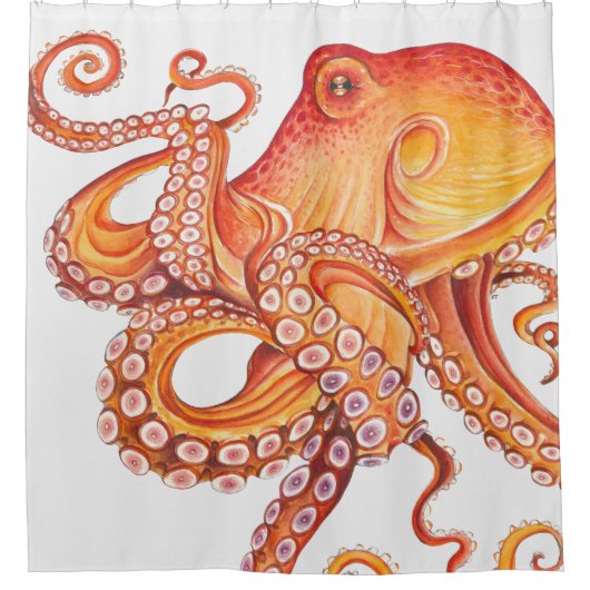 Rode Oranje octopus Waterverf Douchegordijn (Voorkant)