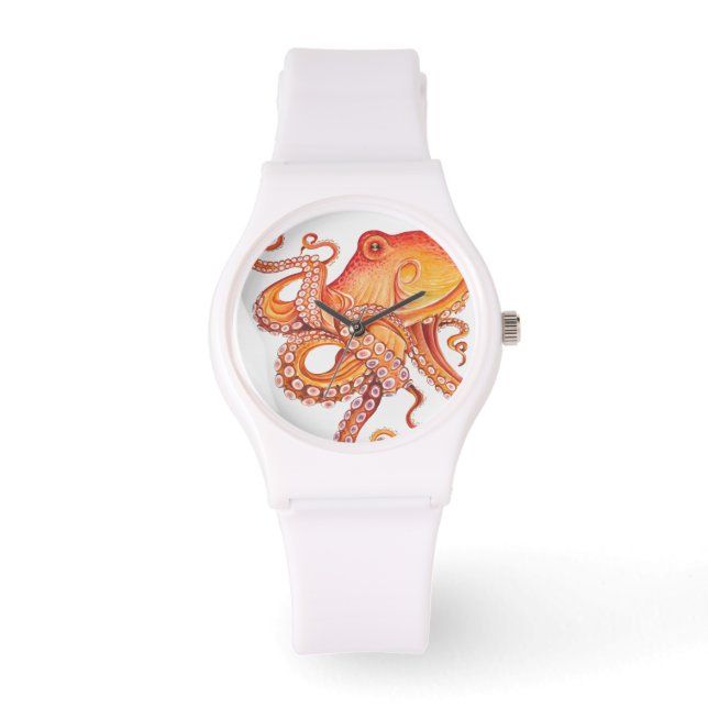 Rode Oranje octopus Waterverf Horloge (Voorkant)