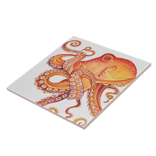 Rode Oranje octopus-Waterverf Tegeltje (Zijkant)