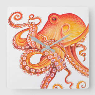 Rode Oranje octopus Waterverf Vierkante Klok