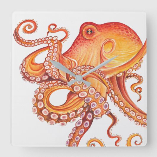 Rode Oranje octopus Waterverf Vierkante Klok (Voorkant)