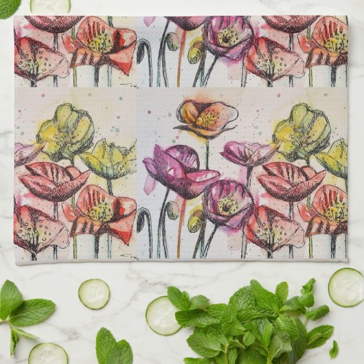 Rode Oranje papaverbloemen poppies Floral Art Theedoek (Gevouwen)