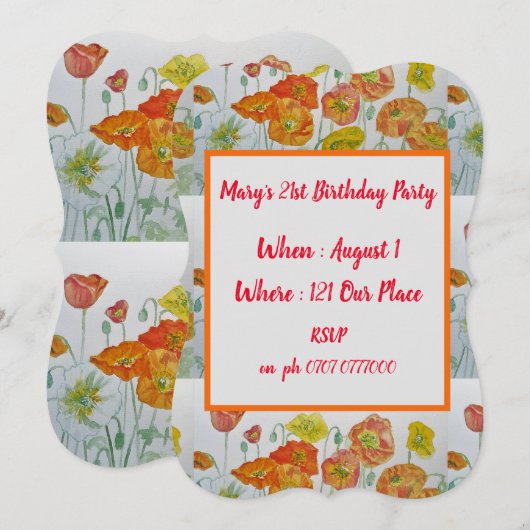 Rode Oranje Poppies Bloemen 21e Verjaardag Uitnodi Kaart (Voorkant / Achterkant)