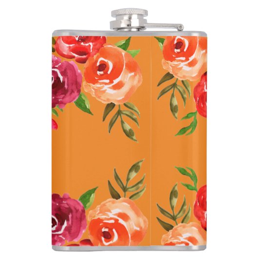 Rode Oranje roze bloemen Heupfles (Achterkant)