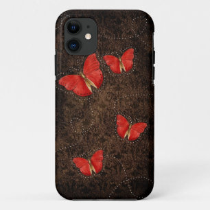 Rode Oranje vlinders op de zaak Brown Damask iphon iPhone 11 Hoesje