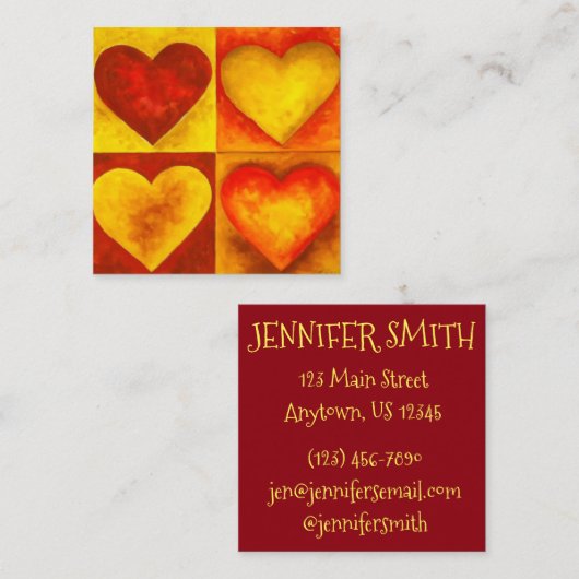 Rode Oranje Waterverf hartslag Vierkante Visitekaartje (Voorkant / Achterkant)