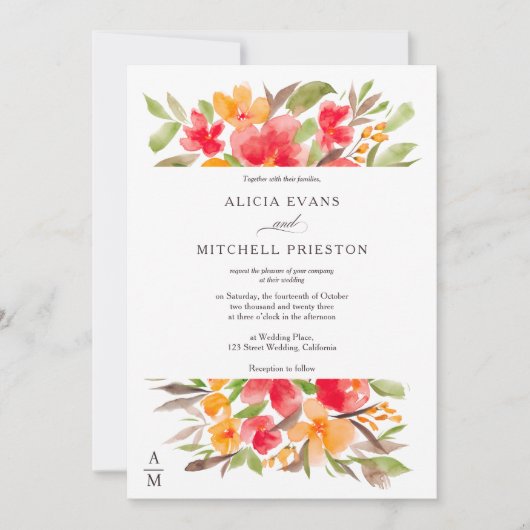 Rode oranje waterverf herfst kerkbruiloft kaart (Voorkant)