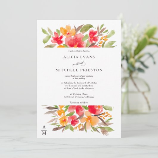 Rode oranje waterverf herfst kerkbruiloft kaart (Staand voorkant)