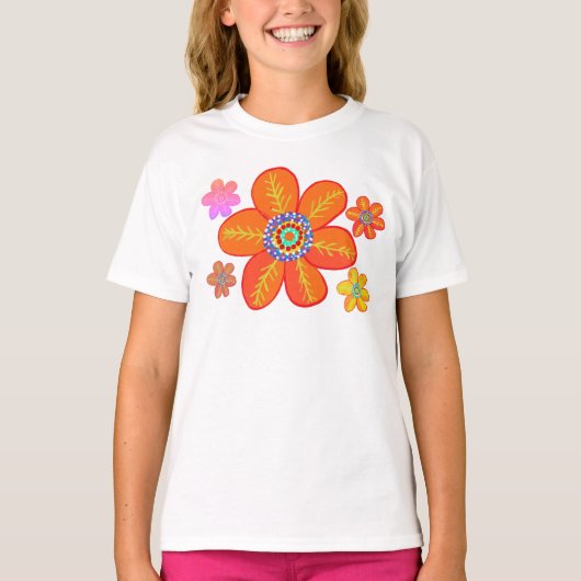Rode Oranje wolbloemen T-shirt (Voorkant)