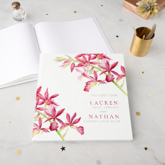Rode orchidebloemen waterverf botanische bruiloft gastenboek (Voorkant open)