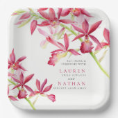 Rode orchidebloemen waterverf botanische bruiloft papieren bordje (Voorkant)