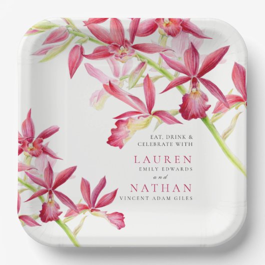 Rode orchidebloemen waterverf botanische bruiloft papieren bordje (Voorkant)