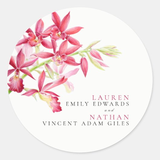 Rode orchidebloemen waterverf botanische bruiloft ronde sticker (Voorkant)