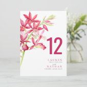 Rode orchidebloemenkaart voor bruiloft (Staand voorkant)