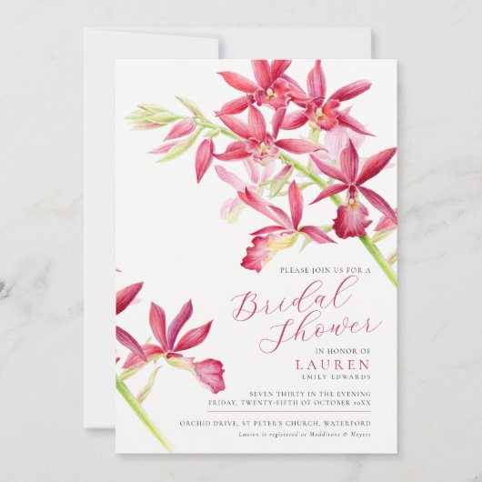 Rode orchidee aquarel botanische bruidsdouche kaart (Voorkant)