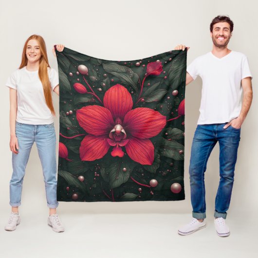 Rode orchidee bloeit met groene bladeren fleece deken (In situ)