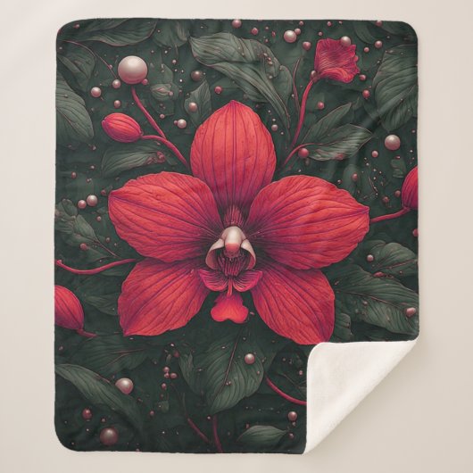 Rode orchidee bloeit met groene bladeren sherpa deken (Voorkant)