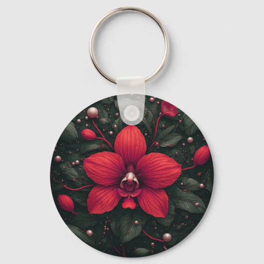 Rode orchidee bloeit met groene bladeren sleutelhanger (Voorkant)