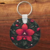 Rode orchidee bloeit met groene bladeren sleutelhanger (Voorkant)