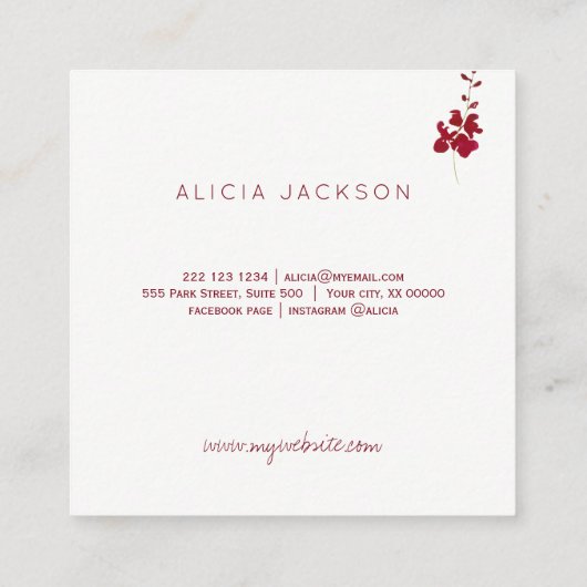 Rode orchidee koperen roos gouden lippenstift dist vierkante visitekaartje (Achterkant)