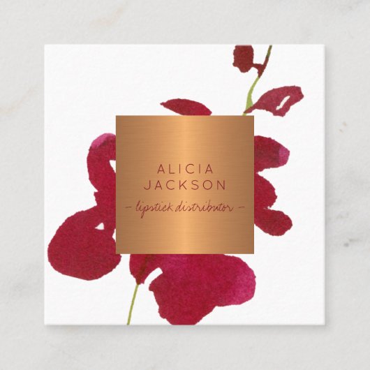 Rode orchidee koperen roos gouden lippenstift dist vierkante visitekaartje (Voorkant)