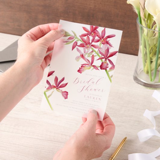 Rode orchidee waterverf botanisch vrijgezellenfees vellum uitnodigingen (Draagbaar)