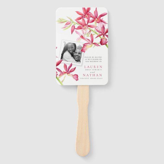 Rode orchidee waterverf trouwprogramma foto handwaaier (Voorkant)