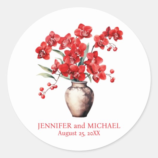 Rode Orchideeën Bloem Bloemige Bruiloft Ronde Sticker (Voorkant)