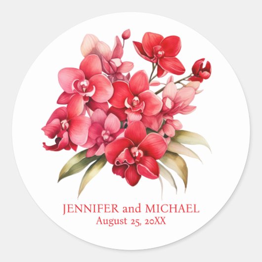 Rode Orchideeën Bloemen Bloemen Huwelijk Ronde Sticker (Voorkant)