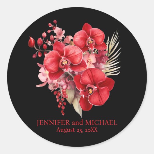 Rode Orchideeën Bloemen Bloemen Huwelijk Ronde Sticker (Voorkant)