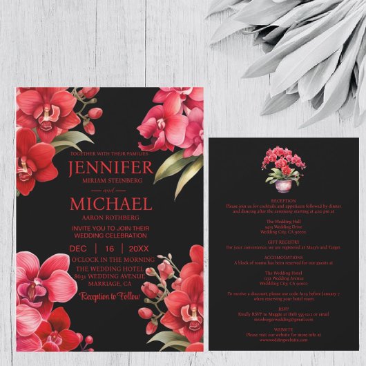 Rode orchideeën in één bruiloft kaart