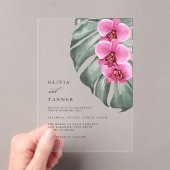 Rode Orchideeën Monstera Tropisch Bloemstuk Bruilo Acryl Uitnodigingen (Insitu (Draagbaar))