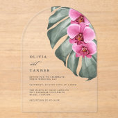 Rode Orchideeën Monstera Tropische Bloemige Bruilo Acryl Uitnodigingen (Voorkant)