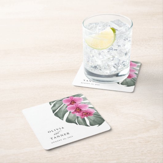 Rode orchideeën op Monstera tropisch bruiloftsfees Kartonnen Onderzetters (Insitu)