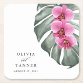 Rode orchideeën op Monstera tropisch bruiloftsfees Kartonnen Onderzetters (Voorkant)