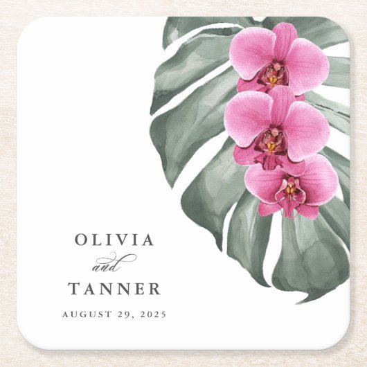 Rode orchideeën op Monstera tropisch bruiloftsfees Kartonnen Onderzetters (Voorkant)