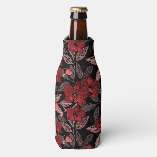 Rode orchideeën op zwart. flesjeskoeler (Fles Voorkant)