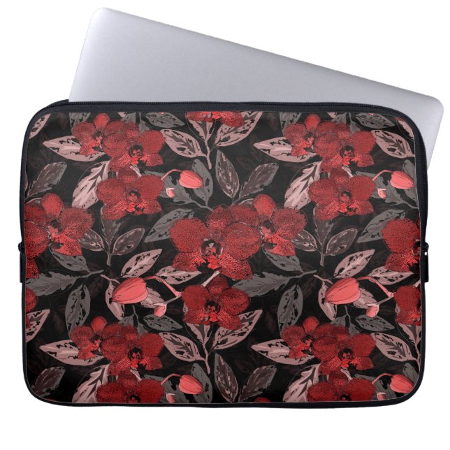 Rode orchideeën op zwart. laptop sleeve (Voorkant)